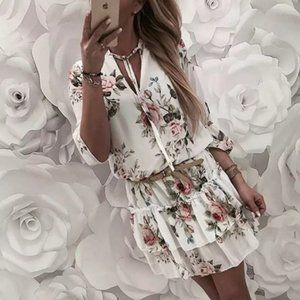 White floral long sleeves summer dress